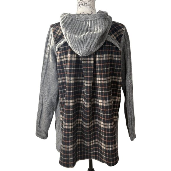 Anthropologie Moth Derry Plaid Jacket Hooded Cable Knit Sweater Wool Women Sz L - Picture 4 of 10
